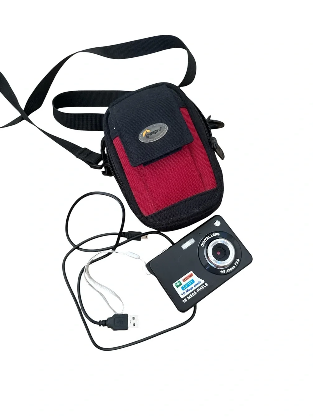 Compact Digital Camera with Black and Red Carry Case